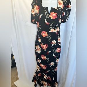 SHEIN Puff Sleeve Notched Neck Floral Print Mermaid Dress